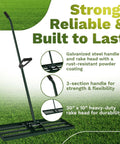 Heavy Duty Lawn Leveling Rake With 30x10 Inch Head And Anti Flip Design shown on grass with steel handle and ergonomic grip.