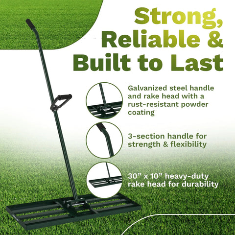 Heavy Duty Lawn Leveling Rake With 30x10 Inch Head And Anti Flip Design shown on grass with steel handle and ergonomic grip.