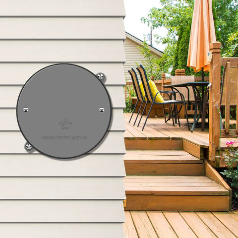 4 Inch Round Weatherproof Blank Wall Plate For Outdoor Use With Gasket, Rugged Stainless Steel Cover installed on exterior wall