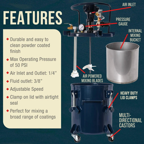 Features of Heavy Duty Steel Spray Paint Pressure Pot With Adjustable Gauge And Regulator For Auto Body Detailing, showing durable design and mixing capabilities.