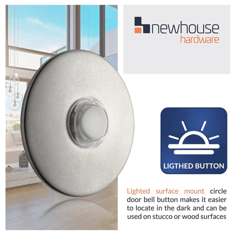Lighted Doorbell Button In Satin Nickel Finish, Easy Surface Mount, 2.5 Inch Round Metal Housing, Night Visibility For Home