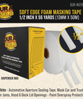 Dura-Gold Soft Edge Foam Masking Tape 1/2 inch x 55 yards in dispenser box, ideal for car jamb sealing and paint overspray protection.
