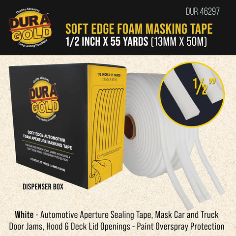 Dura-Gold Soft Edge Foam Masking Tape 1/2 inch x 55 yards in dispenser box, ideal for car jamb sealing and paint overspray protection.