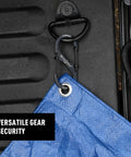 SlideLock Stainless Steel S Biner Dual Gate Carabiner securing blue tarp on black surface with dual locking design.