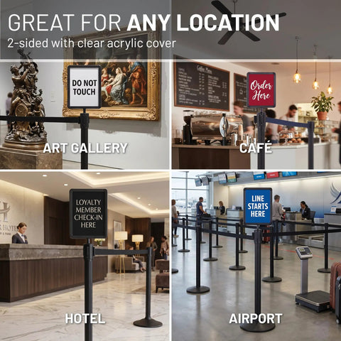 Sign Holder With Plexiglass Covers For Stanchions Compatible With Chain Boss And Sentry Posts in art gallery, cafe, hotel, airport