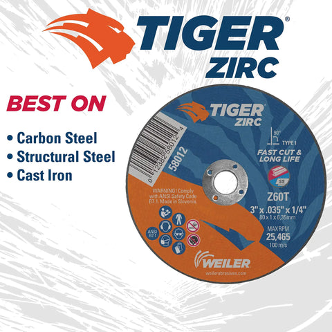 Pro Grade Zirconia Alumina Metal Cutting Wheel 3 Inch Fast Cut Long Life For Heavy Duty Metalwork Z60T Type 1-1/4 Inch Arbor