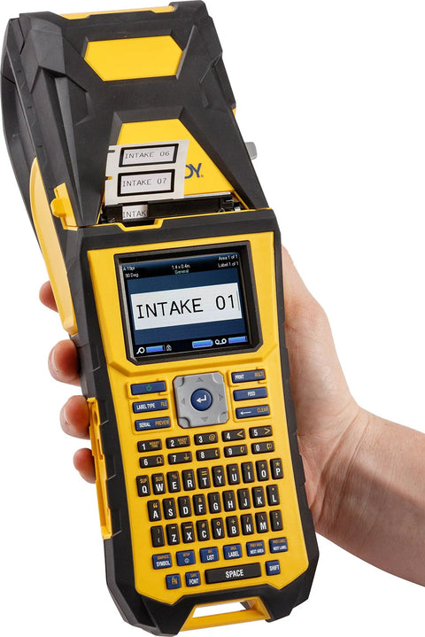 Built Tough Portable Handheld Label Maker With Rechargeable Battery For Multi Line Wire Tagging And Panel Identification Includes Hard Shell Case Usb Charger And Pre Loaded Ribbon held in hand, showing screen and keyboard.