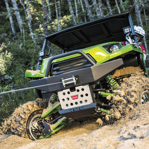 Vantage 4000 12V DC Electric Winch for ATV UTV Side By Side With 55 Ft Aircraft Grade Wire Rope And Roller Fairlead For Off Road Recovery And Heavy Duty Tasks mounted on green UTV