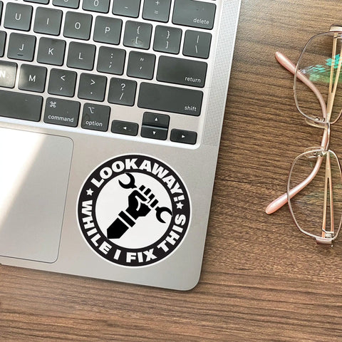 Funny Handyman Mechanic Sticker Set Waterproof Vinyl Decals For Cars Trucks Laptops Helmets Water Bottles Bicycles Luggage And More Easy Peel And Stick 4 Inch showing sticker on laptop