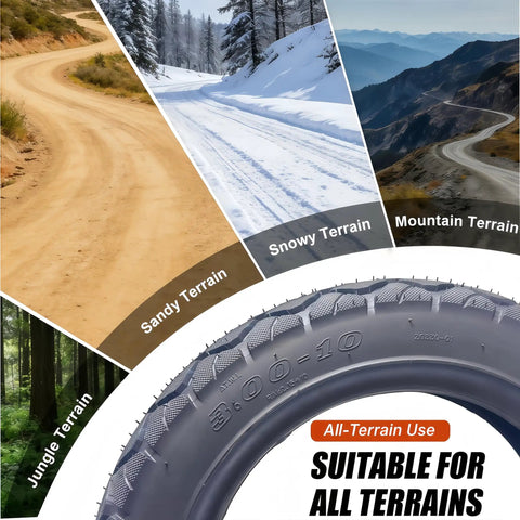 10 Inch Off Road Tubeless Tire 3.00-10 for Electric Scooters Motorcycles E-Bikes and Mopeds with terrains in background