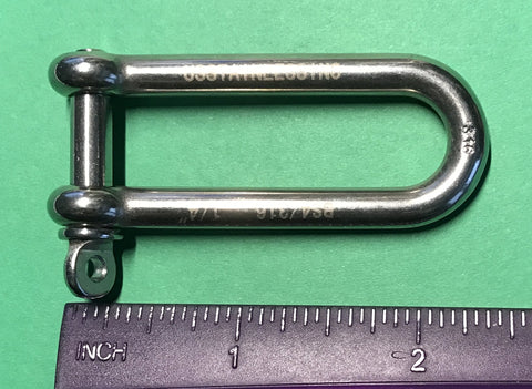 316 Stainless Long D Shackle One Quarter Inch Marine Grade Dee, Corrosion Resistant, shown with ruler for scale