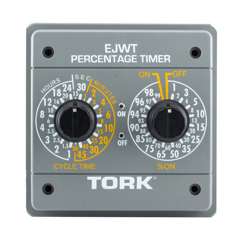 Front view of EJWT Tork Percentage Timer Switch For 120 To 240 VAC Input, SPDT Output, with dual dials for cycle and percent control.