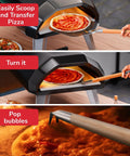 Pro Grade Home Pizza Oven Accessories Kit 6 Piece Set With Peel Oven Brush Bubble Popper Turner Rocker Cutter Dough Roller And Scraper Ideal For Home Pizzeria Nights Easy Safe Handling With Long Handles Durable Materials in use with pizza oven, showing peel use, turning, and bubble popping.