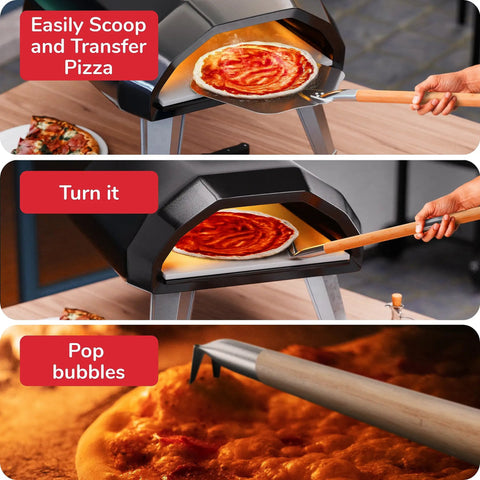 Pro Grade Home Pizza Oven Accessories Kit 6 Piece Set With Peel Oven Brush Bubble Popper Turner Rocker Cutter Dough Roller And Scraper Ideal For Home Pizzeria Nights Easy Safe Handling With Long Handles Durable Materials in use with pizza oven, showing peel use, turning, and bubble popping.
