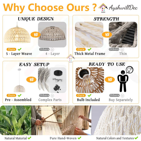 Comparison of AyshwillDec's White Woven Pendant Light Boho Chic Chandelier Dome Fixture showing unique design and features.