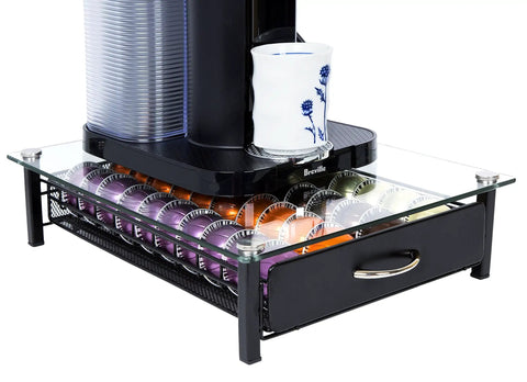 Vertuoline Coffee Pod Holder With Tempered Glass Drawer Deluxe Size Holds Up To 40 Pods For VertuoLine Capsules with coffee maker on top