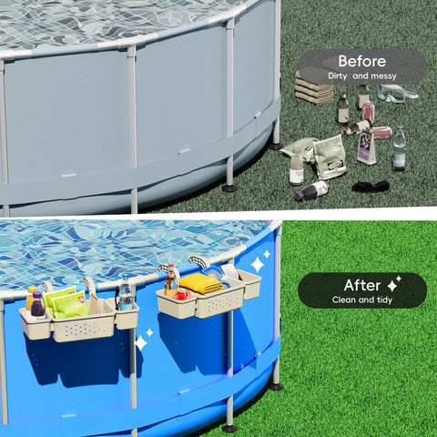 Poolside Storage Basket With Two Cup Holders, Stretchable Organizer For Drinks And Pool Supplies, installed on pool frame