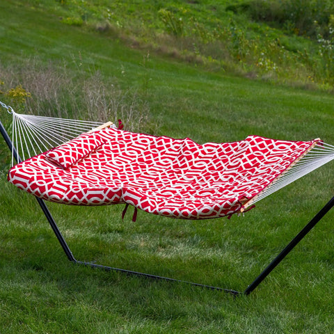 Rope Hammock With Stand For Outside Kick Back Backyard Vibe Heavy Duty Freestanding Outdoor Hammock Set With Quilted Pad And Pillow 12 Foot Steel Frame 275 Lb Capacity Royal Red