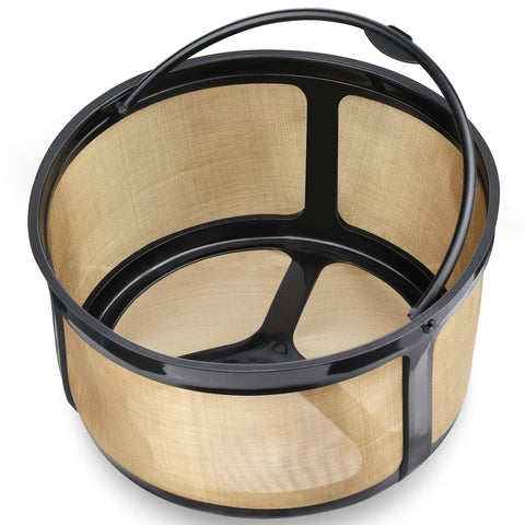 Gold Mesh Reusable Coffee Filter For 8 To 12 Cups No More Paper Filters This Eco Friendly Basket Style Filter Is Compatible With Keurig K Duo Essentials And K Duo Brewers BPA Free 1 Pack showing top view and handle