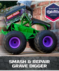 Grave Digger 1 15 Scale Remote Control Monster Truck with durable body and soft rubber tires on brick surface