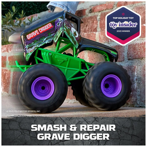Grave Digger 1 15 Scale Remote Control Monster Truck with durable body and soft rubber tires on brick surface