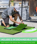 Man setting up 5 Ft By 4 Ft Pro Golf Practice Mat With 5 Interchangeable Inserts For At Home Swing Practice Like A Pro