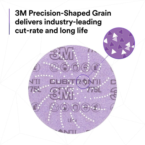 Close-up of Xtract Cubitron II Hookit Clean Sanding Film Disc 775L 220 Grit 5 Inch with precision-shaped grain details.