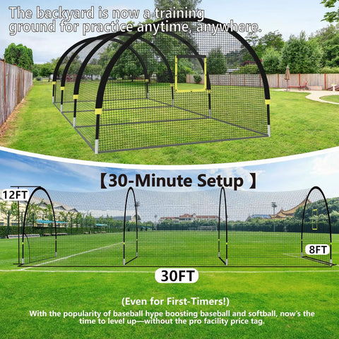 Backyard Baseball Batting Cage With 30ft By 12ft By 8ft Frame Portable Practice Net Featuring Pitching Machine Hole Durable 1.25 Inch Mesh Fiberglass Poles Iron Stakes And Carry Bag For Easy Setup And Realistic Swing Practice, shown set up in a backyard.