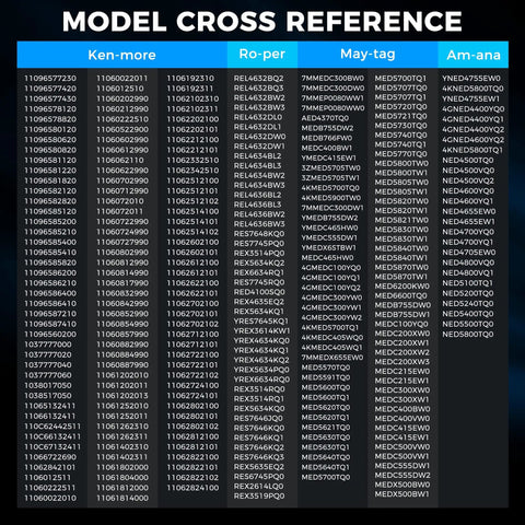 Model cross reference chart for Kenmore, Roper, Maytag, Amana dryers compatible with 279838 Dryer Heating Element Replacement.