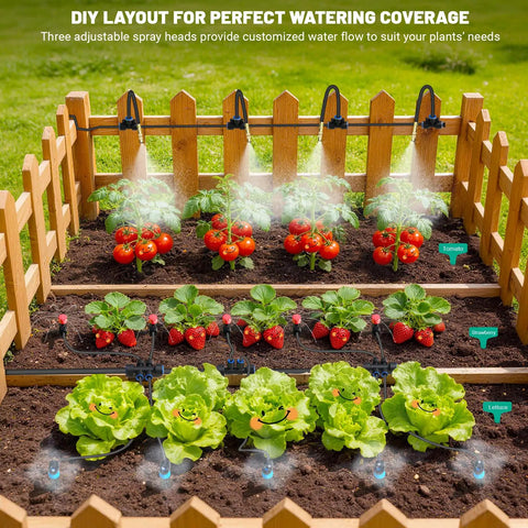 100Ft Drip Irrigation Kit With 3 Adjustable Emitters For Mist, Stream And Vortex Watering setup in vegetable garden