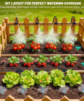 230Ft Drip Irrigation Kit With Quick Connect PE Tubing For Garden Watering featuring misting emitters over vegetable garden.