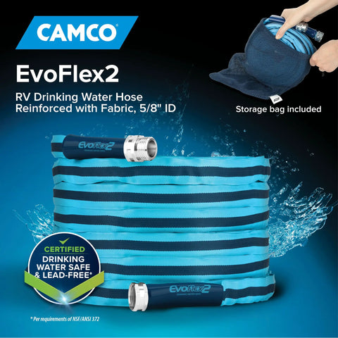EvoFlex2 50 Foot RV Drinking Water Hose Ultra Lightweight Reinforced With Fabric Lead Free BPA Free Phthalate Free Abrasion Resistant CSA Certified Safe Drinking Water Hose For Camping, Road Trips, And Outdoor Adventures with storage bag