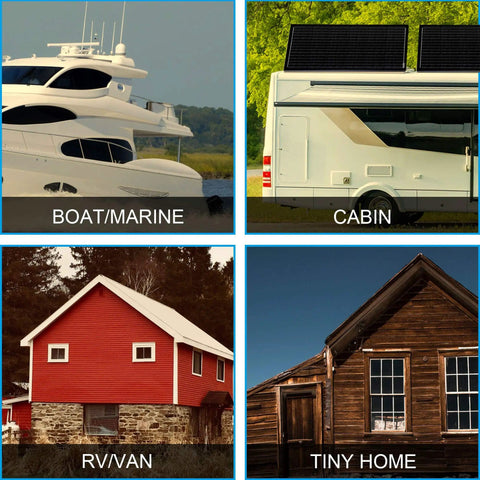 Boats, RVs, cabins, and tiny homes using a 100W 12V Monocrystalline Solar Panel For Off Grid Power, IP67 Waterproof And Ultra Lightweight.