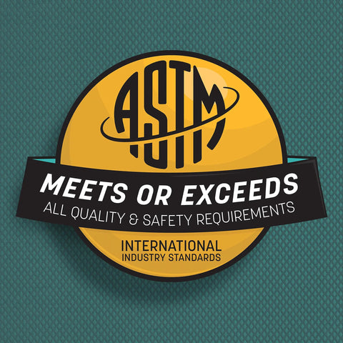ASTM badge indicating product meets all quality and safety standards for international industry, on textured background.