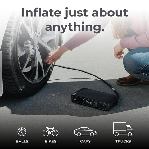 All In One Bolt Air 58830 Portable Car Jump Starter With 100 PSI Air Compressor inflating a car tire