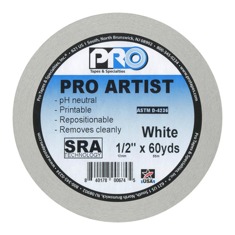 Artist Tape Flatback Printable Paper Board and Console Tape White Repositionable, 1/2 inch x 60 yards, product label close-up