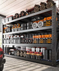 Beefy 8000 Lbs Capacity Garage Shelving System, 77 Inch Wide Heavy Duty Industrial Shelves, 2000 Lbs Per Shelf, Built Tough With Crossbeams And Steel Mesh For Maximum Load And Ultra Organized Space, black 4-tier garage shelf loaded with tools and tires
