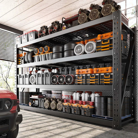 Beefy 8000 Lbs Capacity Garage Shelving System, 77 Inch Wide Heavy Duty Industrial Shelves, 2000 Lbs Per Shelf, Built Tough With Crossbeams And Steel Mesh For Maximum Load And Ultra Organized Space, black 4-tier garage shelf loaded with tools and tires