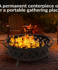 Crossweave Outdoor Wood Burning Fire Pit For Patio Or Yard 36 Inch Round Black Fire Pit at night with flames