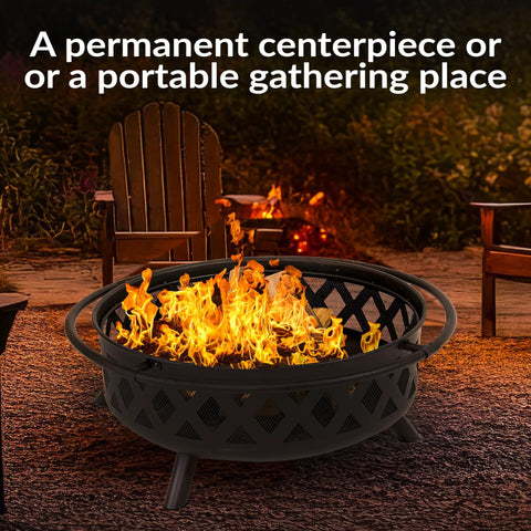 Crossweave Outdoor Wood Burning Fire Pit For Patio Or Yard 36 Inch Round Black Fire Pit at night with flames
