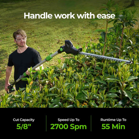 Man using Cordless 20V Pole Hedge Trimmer With 20 Inch Cutting Length 15 Foot Reach Telescoping Extension on bushes.