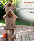 3 Tier Outdoor Birdhouse Water Fountain With Cardinal Accent, Rustic Brown Garden And Patio Decor, front view with cardinal