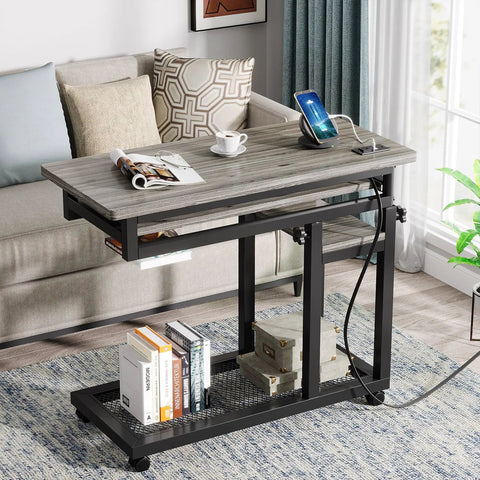 Small Portable Desk With Built In Outlet And USB Ports For Couch Or Bedside Use Height Adjustable Laptop Table On Wheels Mobile Standing Desk Rolling Cart Side Table With Charging Station For Easy Device Access
