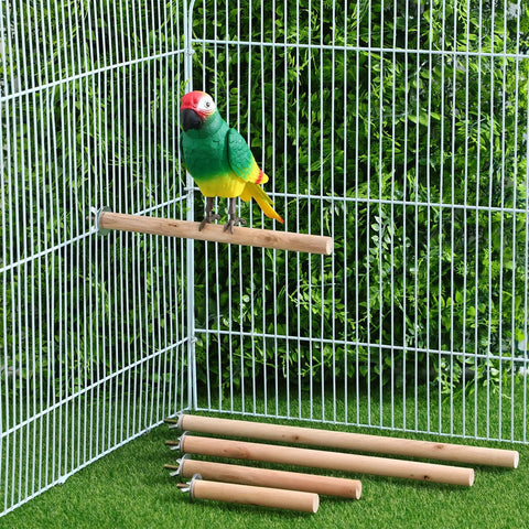 Premium Natural Wood Bird Perch Stand Set For Parakeets And Cockatiels, Five Piece Assorted Rods on cage with bird.