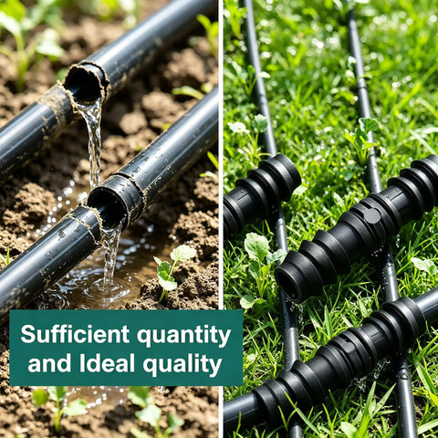 Get This Awesome 8 Pack Of 1/2 Inch Hose Connectors For Your Garden, Soaker Hoses, And Washing Machine! These Tough Molded Plastic Fittings Are Perfect For Quick Repairs, Fixing Leaks, And Extending Water Lines Anywhere Around Your Yard Or Home System. 1/2-inch black plastic hose connectors on garden irrigation lines
