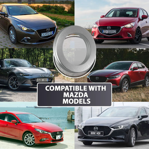 Collage of Mazda cars with oil drain plug crush washer, compatible 1985-2022 models, 15Pcs Oil Drain Plug Crush Washer Set