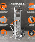 Convertible Hand Truck 3 In 1 Dolly with ergonomic handle, extendable loop, and beveled nose plate. Heavy duty aluminum frame. Features labeled.