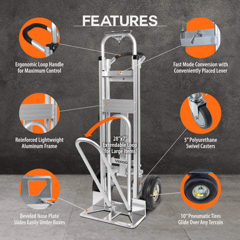 Convertible Hand Truck 3 In 1 Dolly with ergonomic handle, extendable loop, and beveled nose plate. Heavy duty aluminum frame. Features labeled.