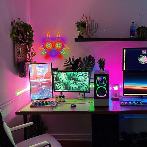 Majoras Mask LED Neon Sign for Gaming Room Decor and Zelda Fans Wall Light Multicolor Glow above gaming setup