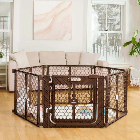 192-Inch Ultra Wide 2-In-1 Baby Gate And Play Yard With Door, adjustable 6-panel plastic safety gate, brown in living room